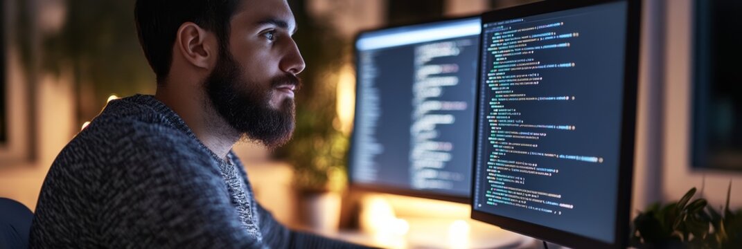 Young programmer working on multiple screens with code at night in a modern office. Focused coding work.