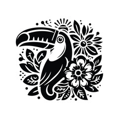 Fototapeta premium Toucan bird in folk art black and white silhouette illustration