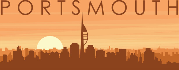 Brown panoramic poster of the city skyline with misty background buildings, sunrise, clouds and mountains of PORTSMOUTH, UNITED KINGDOM
