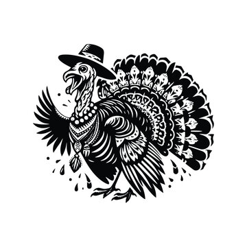 recommend clip art: Turkey bird in bohemian black and white silhouette illustration