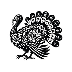 Fototapeta premium Turkey bird in folk art black and white silhouette illustration
