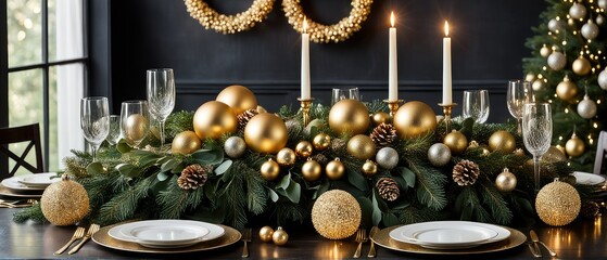 Christmas Table Setting with Gold Ornaments