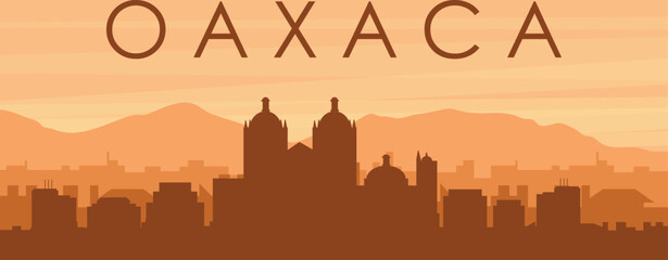 Brown panoramic poster of the city skyline with misty background buildings, sunrise, clouds and mountains of OAXACA, MEXICO