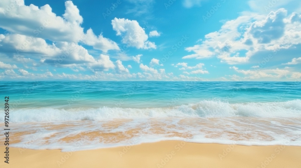 Poster A beach with a sandy shore and blue sky, AI