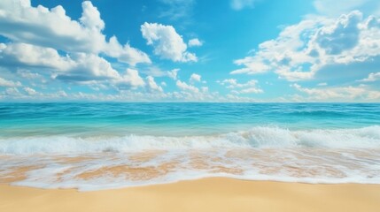 Obraz premium A beach with a sandy shore and blue sky, AI