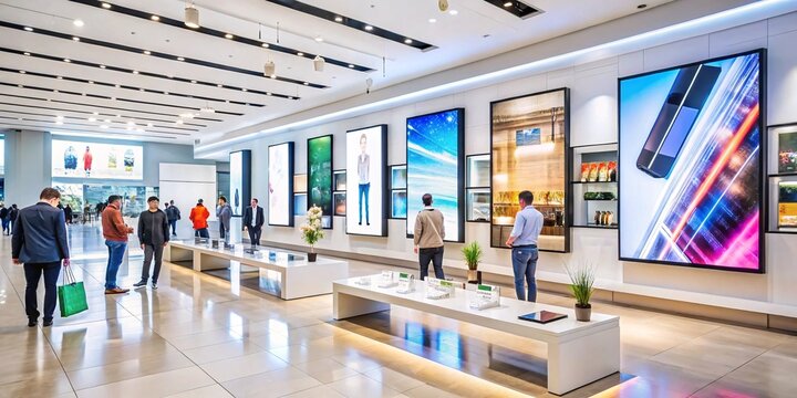 Modern Showroom with Interactive Displays and Visitors. A modern showroom with interactive displays showcasing innovative products and attracting curious visitors.