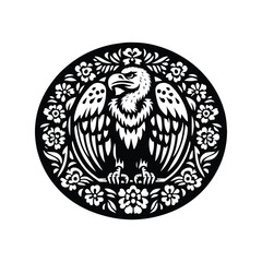 Vulture bird in folk art black and white silhouette illustration