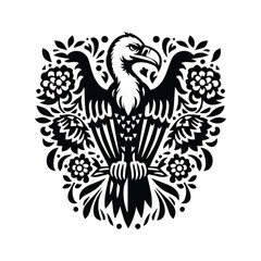 Vulture bird in folk art black and white silhouette illustration