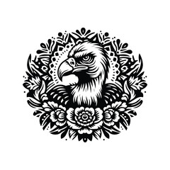 Fototapeta premium Vulture bird in folk art black and white silhouette illustration