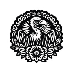 Vulture bird in folk art black and white silhouette illustration