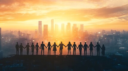 Fototapeta premium Silhouettes of people holding hands against a cityscape skyline at sunset