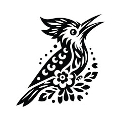 Obraz premium Woodpecker bird in folk art black and white silhouette illustration