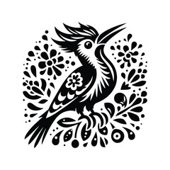 Woodpecker bird in folk art black and white silhouette illustration