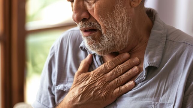 An elderly man experiences shortness of breath in a bright living room during the day, highlighting respiratory distress and the impact of health issues on daily life