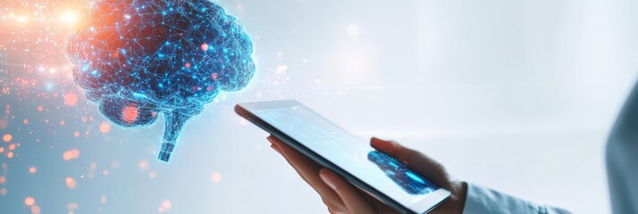 Tablet displaying holographic brain with neural connections, symbolizing AI and neural network development.