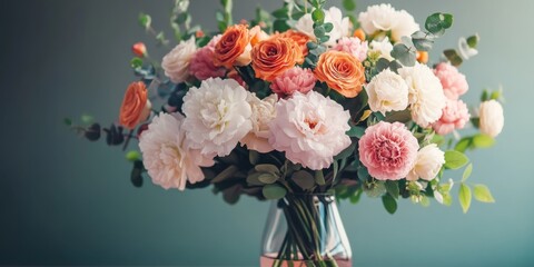 Obraz premium beautiful expensive impressive bouquet of flowers in a vase on the table. The background is minimalistic