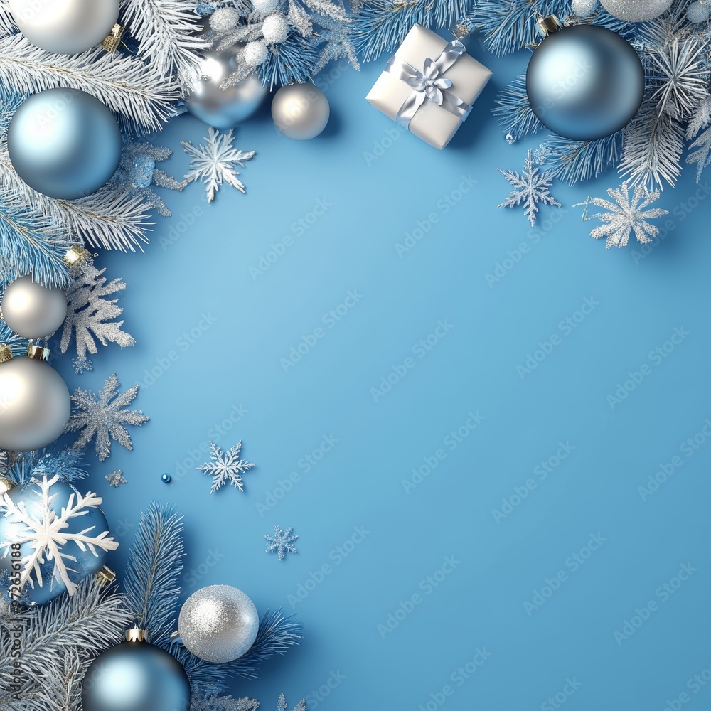 Wall mural Christmas blue background with Christmas balls and decorations located on the left side