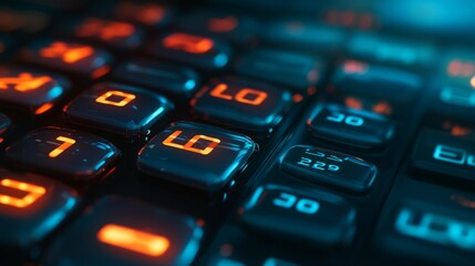 Close-up of a black calculator keypad with glowing orange numbers.