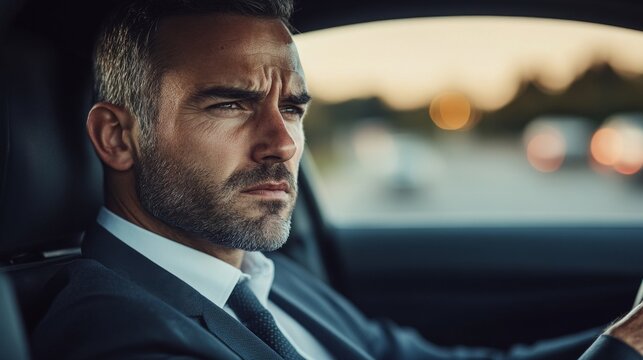 A serious man dressed in a suit drives attentively through a bustling city as sunset casts warm hues on the horizon, showcasing his focused expression and determination on the road