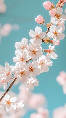 A close-up of a delicate cherry blossom branch, with soft pink petals against a bright blue sky during Higan