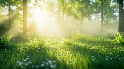 Obraz premium Sunlight filters through the trees to illuminate a forest clearing with lush, green grass, creating a peaceful and refreshing scene.