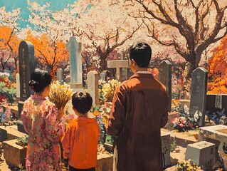 A family visiting a cemetery during Higan with a backdrop of blooming trees 
