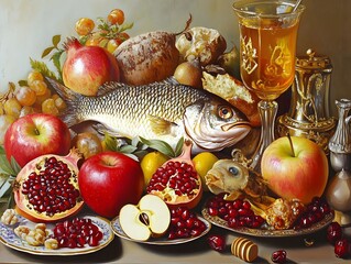 Realism of A spread of traditional Rosh Hashanah foods