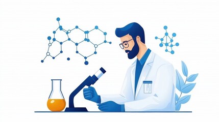 Biotechnology conference scene, experts discussing animal genomics, flat design illustration