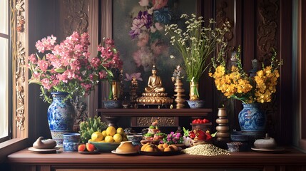 A detailed image of a Buddhist altar at home, decorated with offerings of flowers, rice, and fruit for the ancestors during Higan