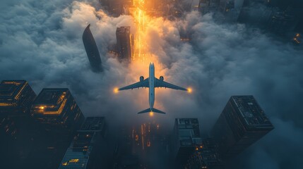 Airplane soaring above a cityscape with tall skyscrapers at sunset