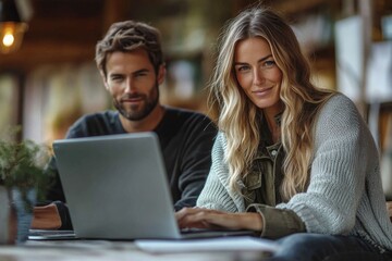 Two young adults working together on a laptop in a cozy café during the afternoon, showcasing collaboration and creativity in an inviting atmosphere