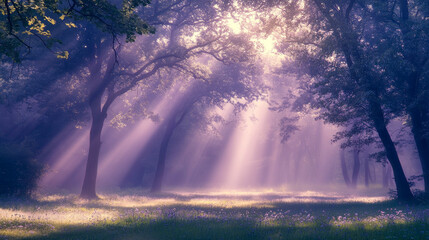 A mystical scene of sunlight streaming through a dense forest canopy, casting soft purple hues and creating an ethereal and peaceful atmosphere.