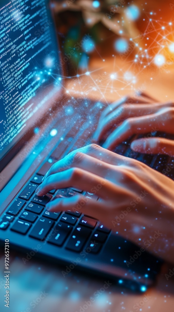 Poster Close-up of hands typing with digital elements floating, symbolizing programming and technology innovation.