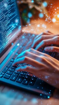 Close-up of hands typing with digital elements floating, symbolizing programming and technology innovation.