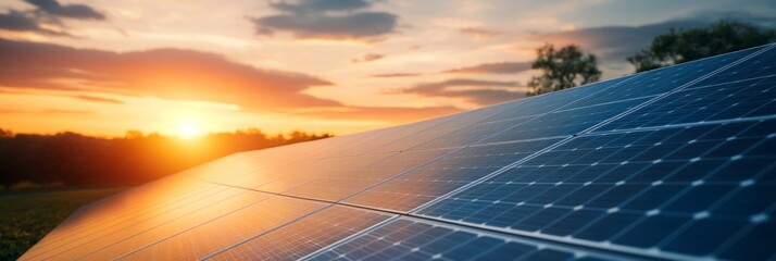A close-up of a solar panel bathed in the warm hues of a sunset, highlighting the potential of solar energy as a clean and renewable energy source.