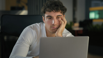 Tired exhausted Caucasian businessman bored fatigued male designer with computer project sad...