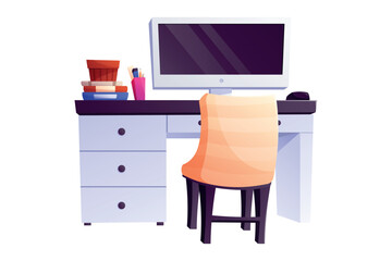 White modern office desk with drawers and computer monitor. Home workplace. Vector isolated furniture illustration, interior design.