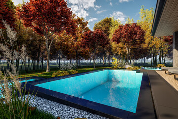 3d rendering of modern two story house with gray and wood accents, large windows, parking space in the right side of the building, surrounded by trees and bushes, daylight in autumn day