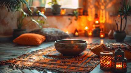 An Intimate Image of a Female Practicing Mindfulness with Traditional Buddhist Sound Healing