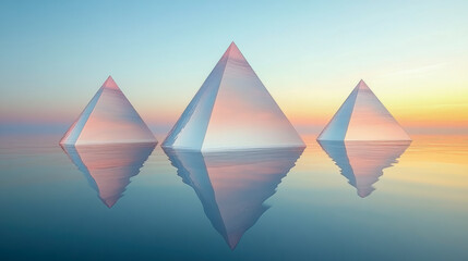 Three reflective pyramids floating on a calm sea at sunset, creating a surreal and serene atmosphere with vivid colors and reflections.