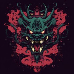 Green-Faced Demon with Red Eyes and Fangs