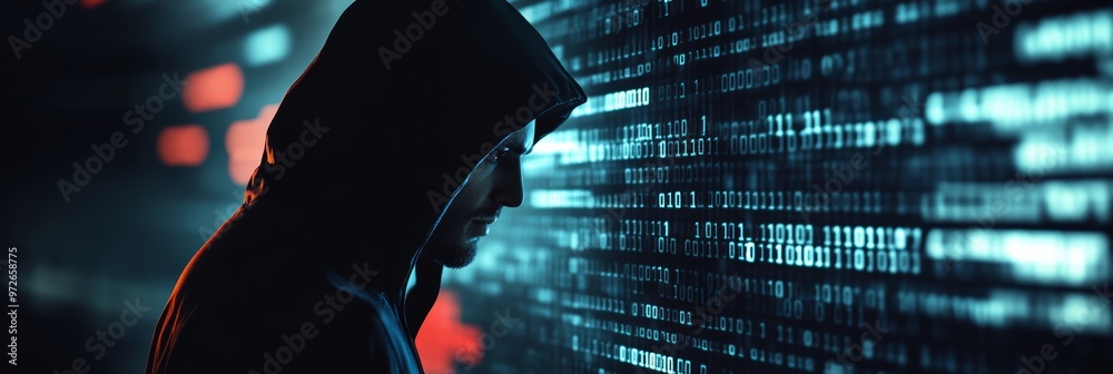 Poster Hooded figure with binary code overlay on a dark digital background. Cybersecurity and hacking concept.