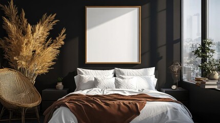 Frame mockup on a dark accent wall, stylish bedding in a contemporary bedroom, 3D illustration
