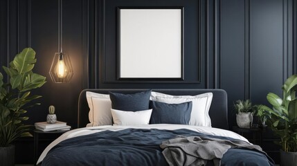 Frame mockup on a dark accent wall, stylish bedding in a contemporary bedroom, 3D illustration