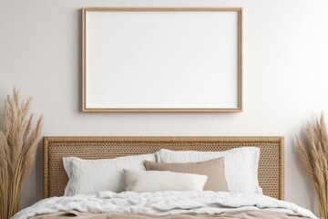 Boho bedroom decor, framed artwork above rattan bed, natural textures, 3D illustration