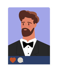 Social media avatar. Beautiful man in suit. Users profile in social networks and messengers. Businessperson portrait. Poster or banner. Flat vector illustration isolated on white background