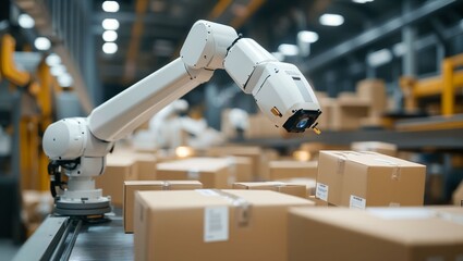 Revolutionizing Logistics: An Automated Robot Efficiently Sorting Boxes in a High-Tech Warehouse, Showcasing the Future of Delivery and Supply Chain Innovation for All