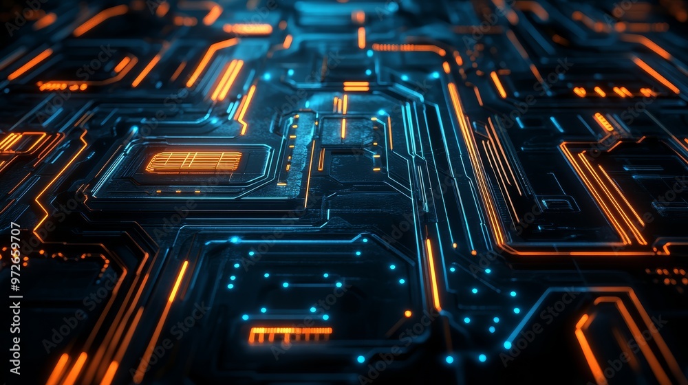 Poster close-up of a futuristic circuit board with glowing orange and blue pathways. represents advanced te