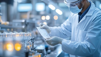 Inside the Lab: A dedicated scientist meticulously reviews test results amidst a streamlined production environment, underscoring the importance of precision and innovation in research.