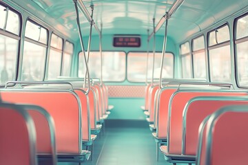 Fototapeta premium Empty vintage bus interior with orange seats, retro design